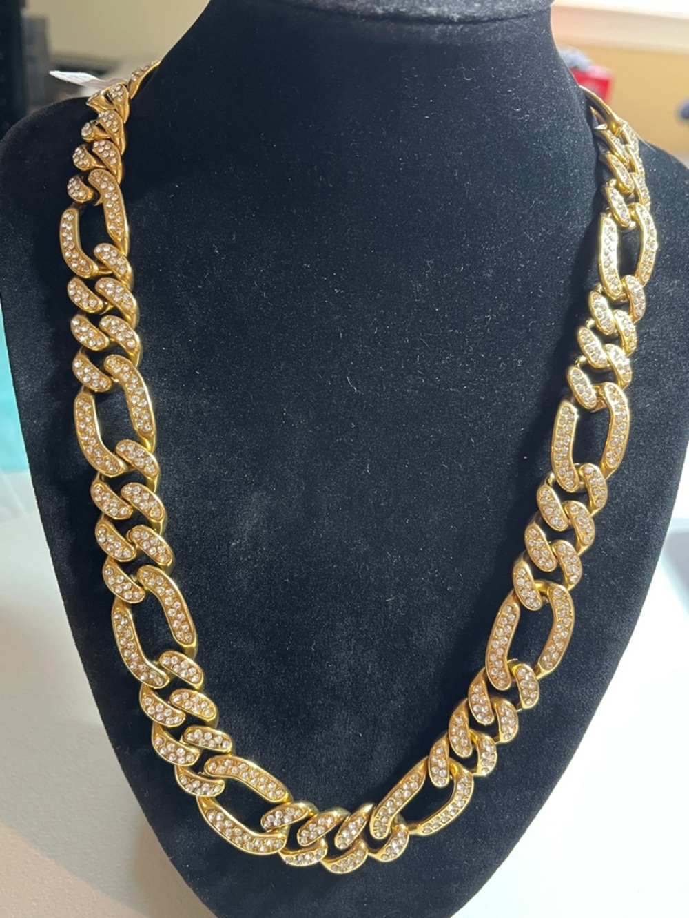 20 1/2” Gold over Stainless Steel Crystal Figaro Link Necklace